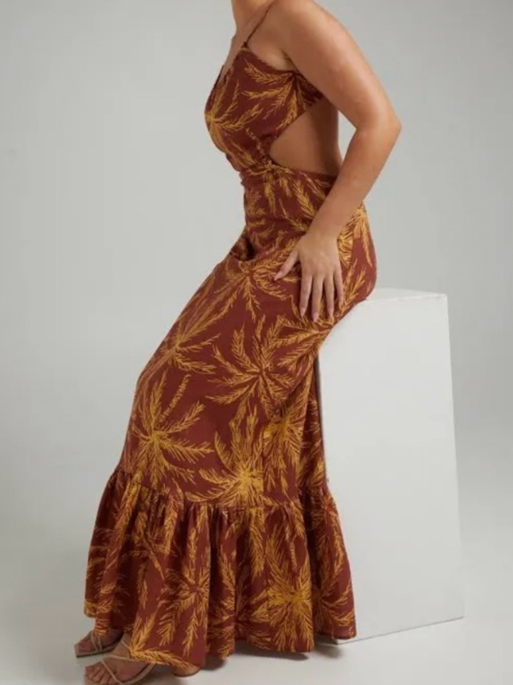 NWT Charlie Holiday Linen Cotton Tropical Isle of Palms Cutout Maxi Dress Size 8